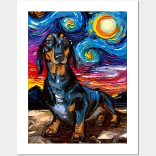 Black and Tan Shorthair Dachshund Night 2 Posters and Art